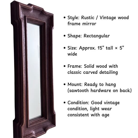 Vintage Rectangular Wood Frame Wall Mirror – 15x5 Rustic Hanging Decor - Picture 3 of 8